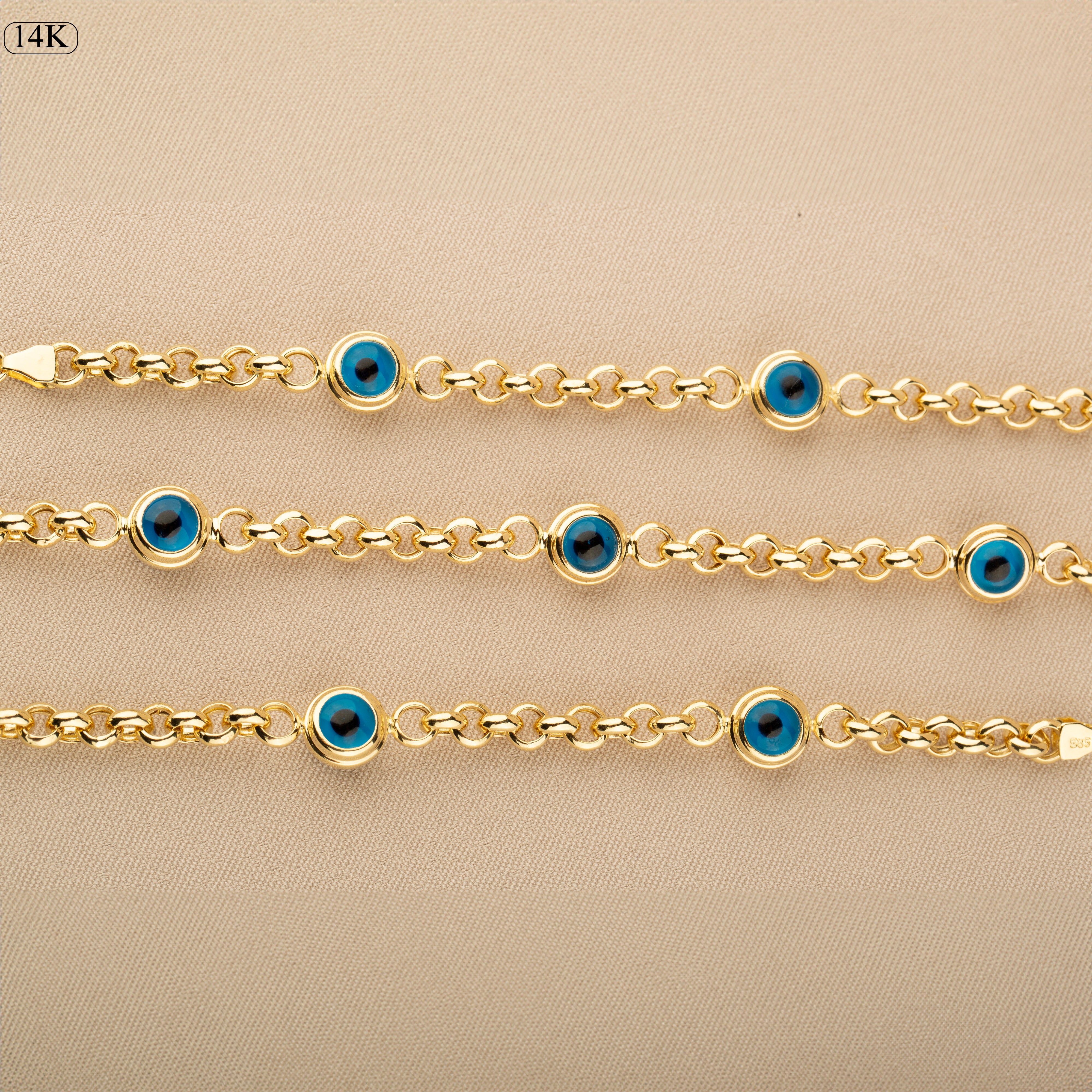 14K Gold Rolo Chain Bracelet with Evil Eye Charms - Symbol of Protection and Style