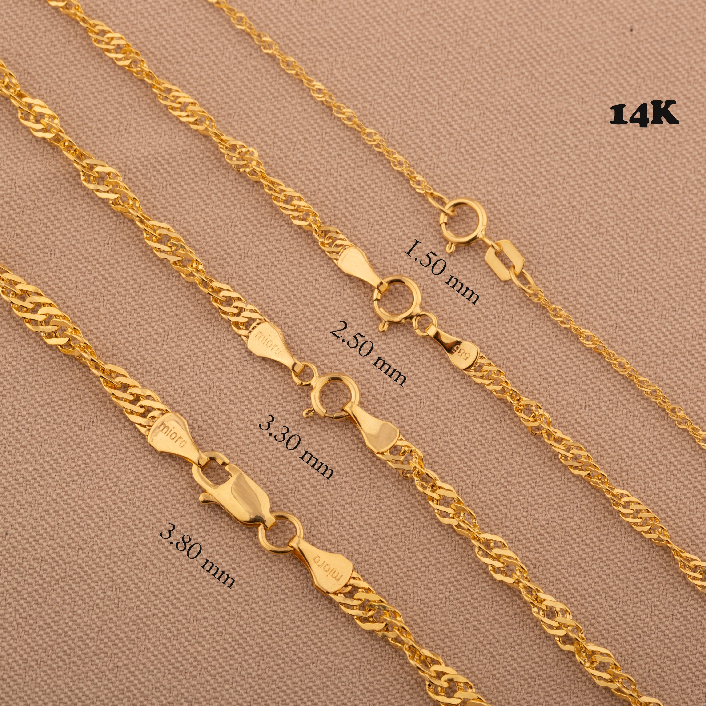 14K Real Gold Singapore Chain Necklace - Elegant Twisted Rope Design