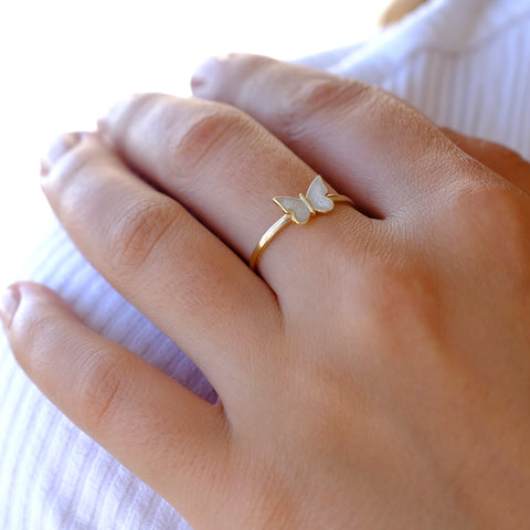 14k Gold Butterfly Ring - Elegant Enamel Design in White, Pink, Blue