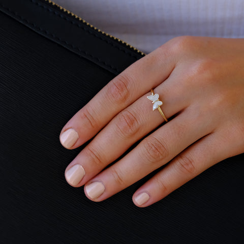14k Gold Butterfly Ring - Elegant Enamel Design in White, Pink, Blue