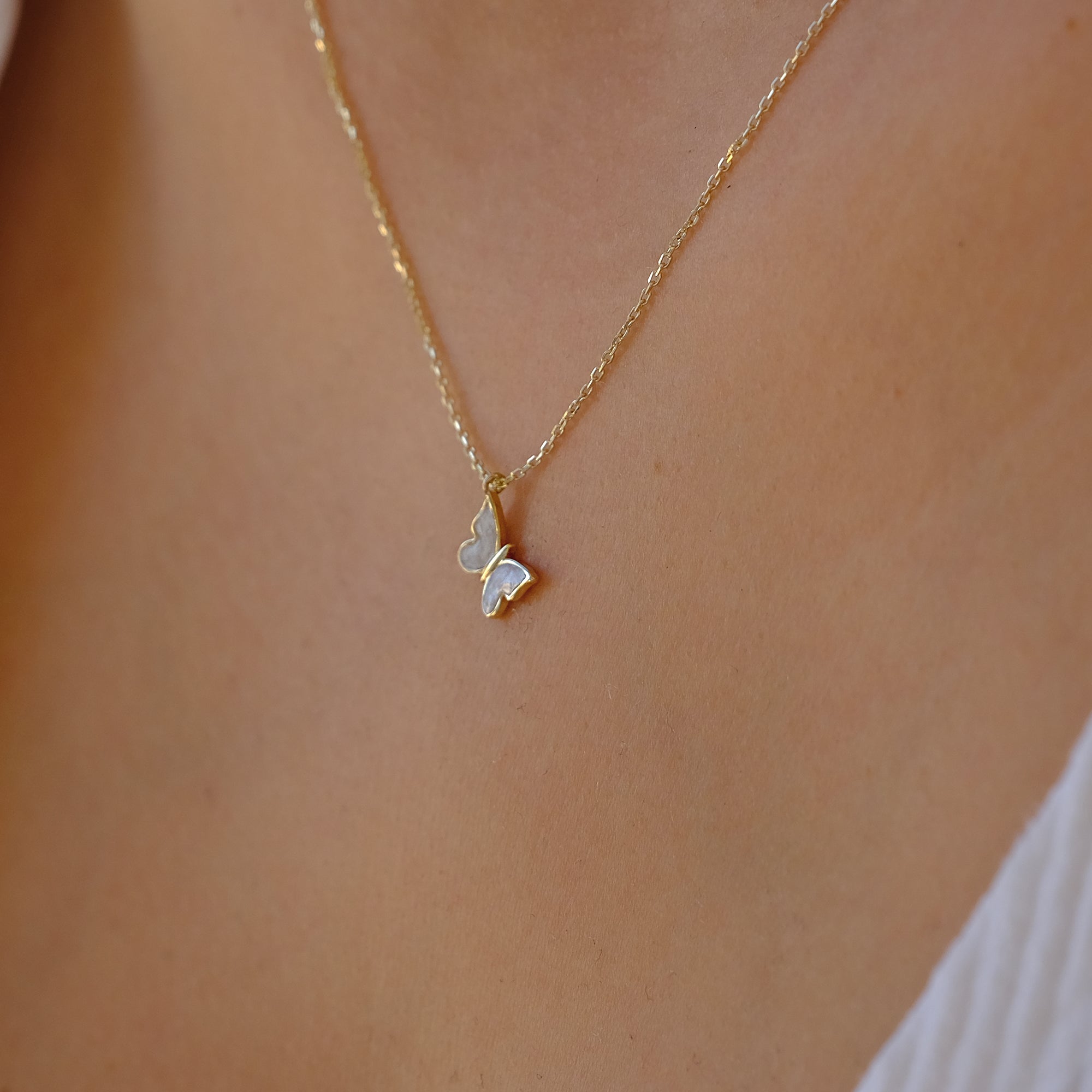 Enchanting 14K Solid Gold Butterfly Necklace | Skinny Cable Chain | Multiple Colors and Lengths