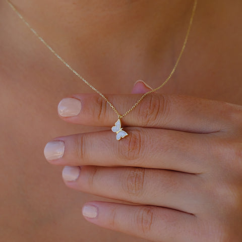 Enchanting 14K Solid Gold Butterfly Necklace | Skinny Cable Chain | Multiple Colors and Lengths