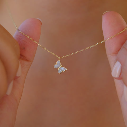 Enchanting 14K Solid Gold Butterfly Necklace | Skinny Cable Chain | Multiple Colors and Lengths