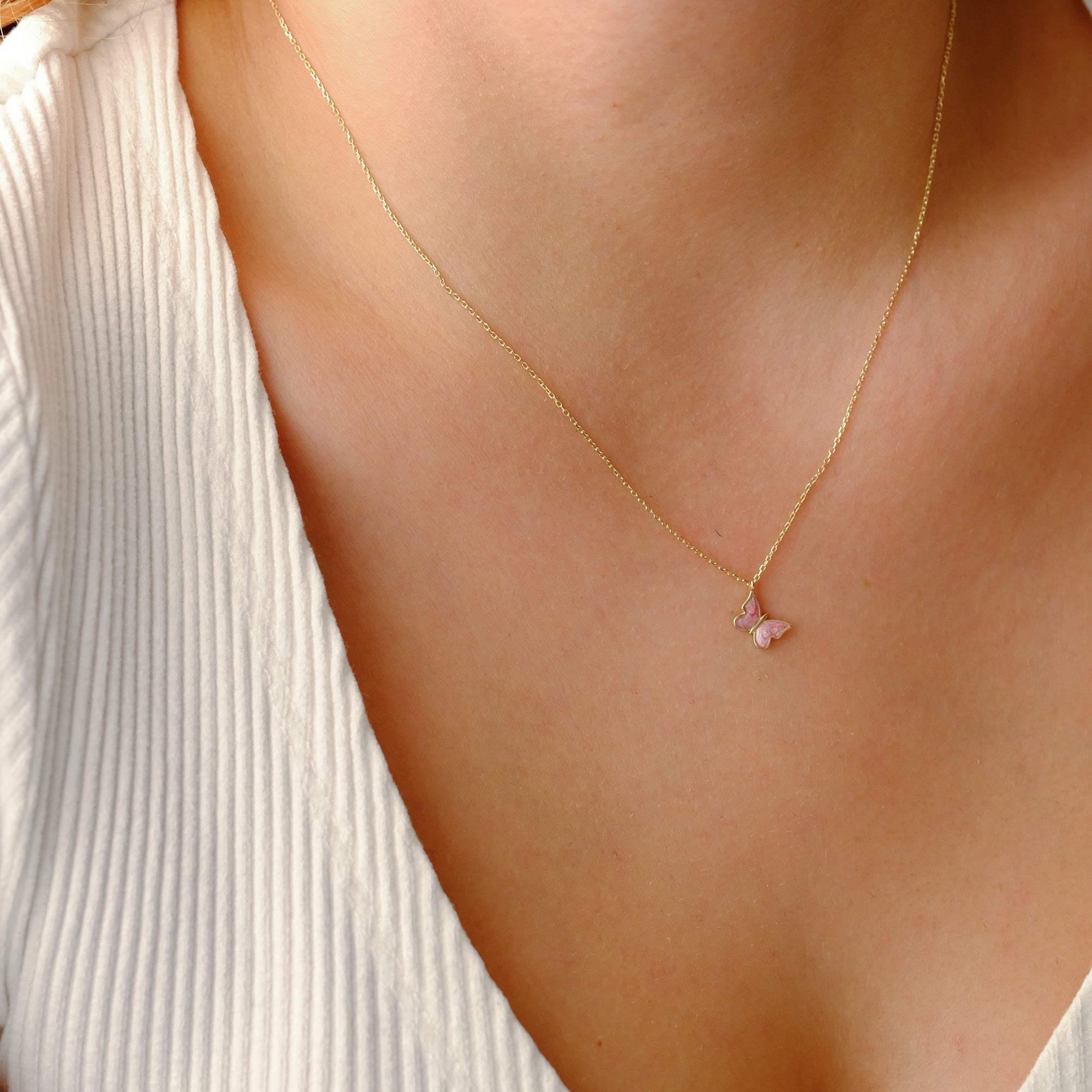 Enchanting 14K Solid Gold Butterfly Necklace | Skinny Cable Chain | Multiple Colors and Lengths