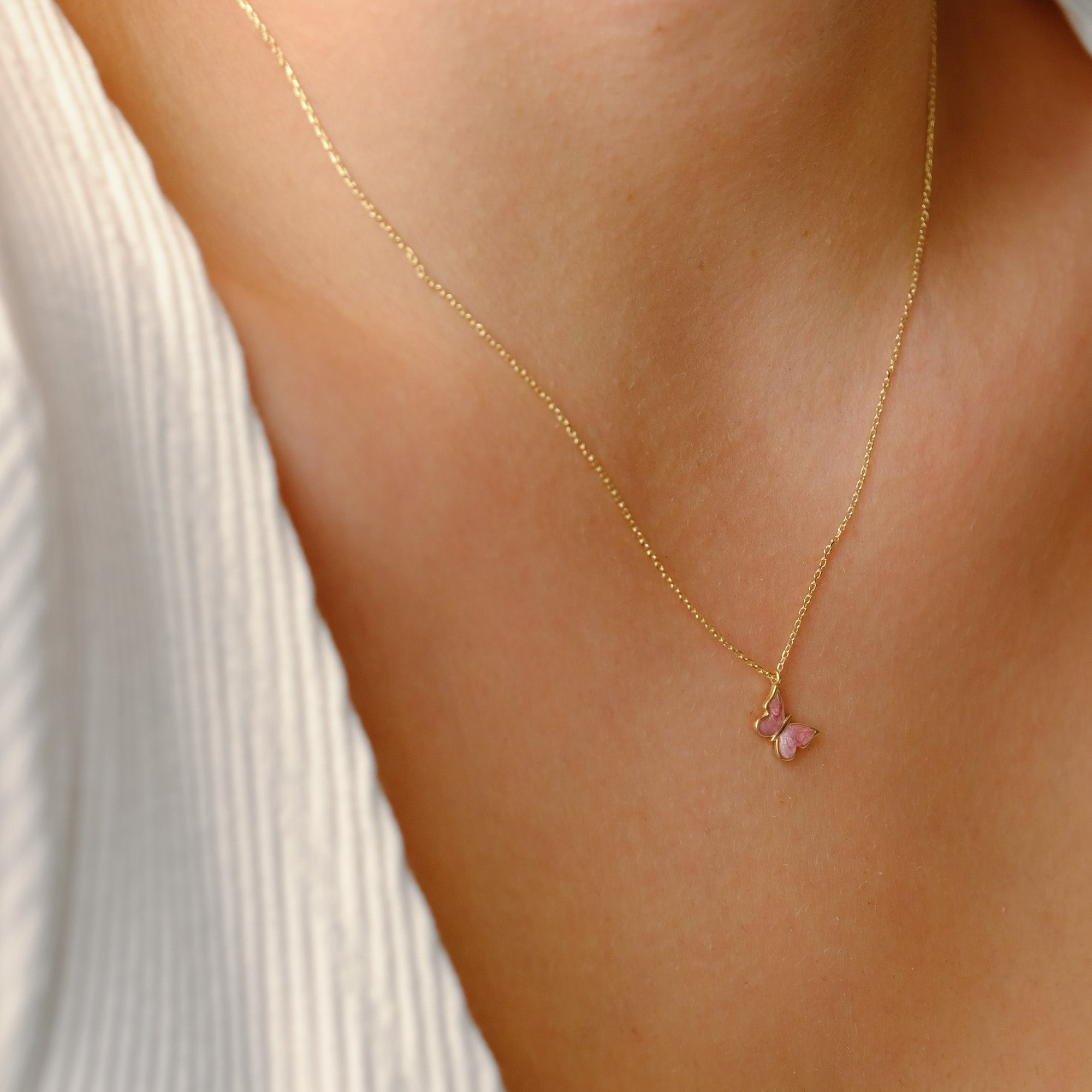 Enchanting 14K Solid Gold Butterfly Necklace | Skinny Cable Chain | Multiple Colors and Lengths