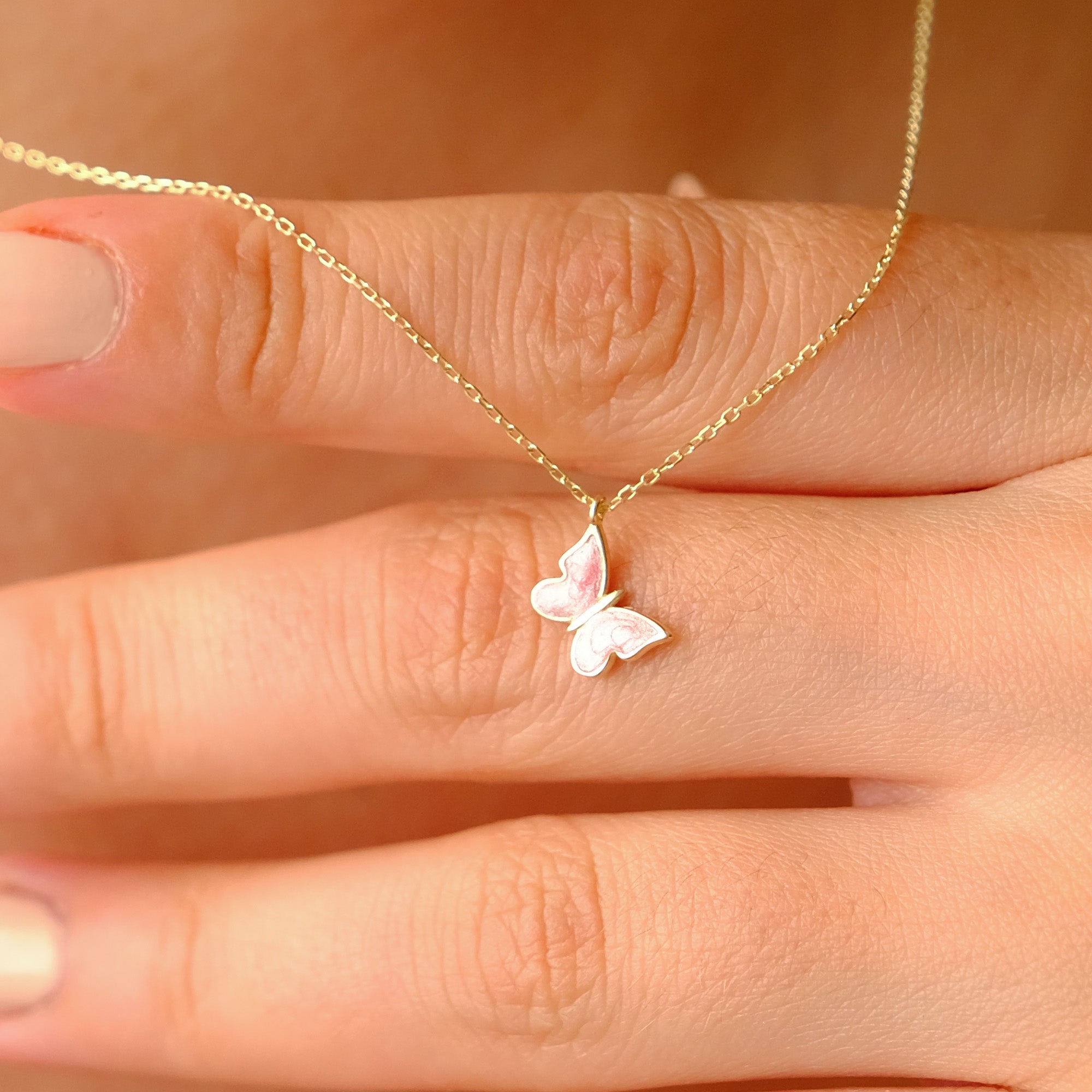Enchanting 14K Solid Gold Butterfly Necklace | Skinny Cable Chain | Multiple Colors and Lengths