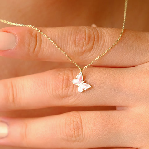 Enchanting 14K Solid Gold Butterfly Necklace | Skinny Cable Chain | Multiple Colors and Lengths