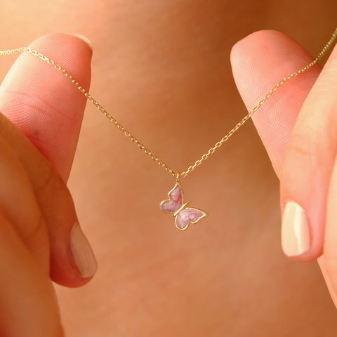 Enchanting 14K Solid Gold Butterfly Necklace | Skinny Cable Chain | Multiple Colors and Lengths