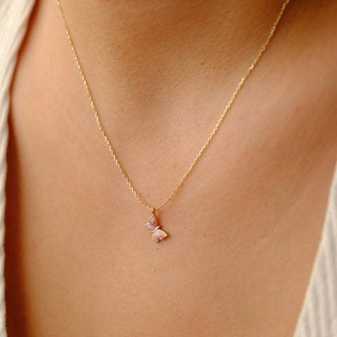 Enchanting 14K Solid Gold Butterfly Necklace | Skinny Cable Chain | Multiple Colors and Lengths