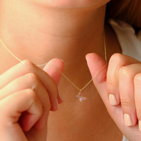 Enchanting 14K Solid Gold Butterfly Necklace | Skinny Cable Chain | Multiple Colors and Lengths