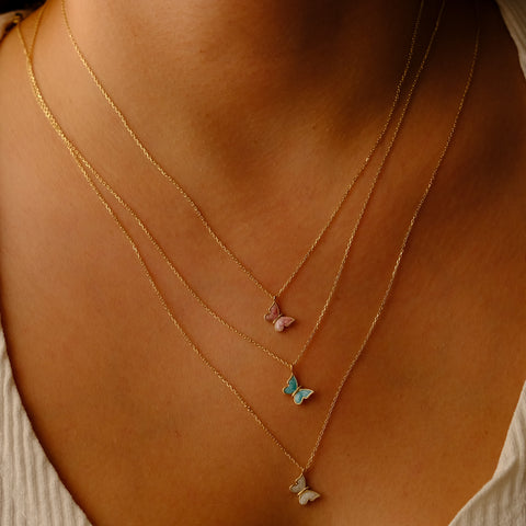 Enchanting 14K Solid Gold Butterfly Necklace | Skinny Cable Chain | Multiple Colors and Lengths