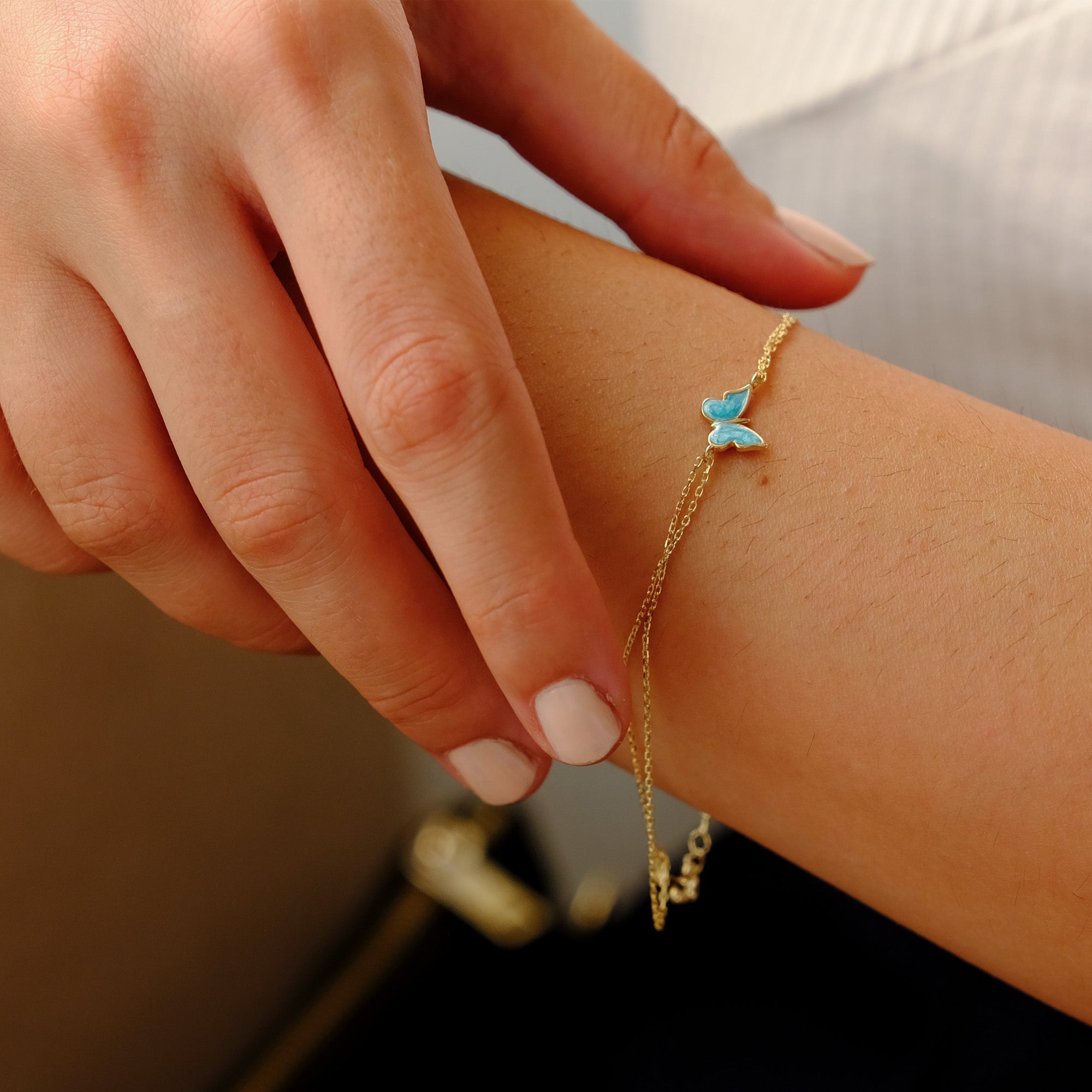 14K Gold Butterfly Bracelet - Enamel Blue, Pink, or White Colored, Dainty and Elegant Jewelry for Her