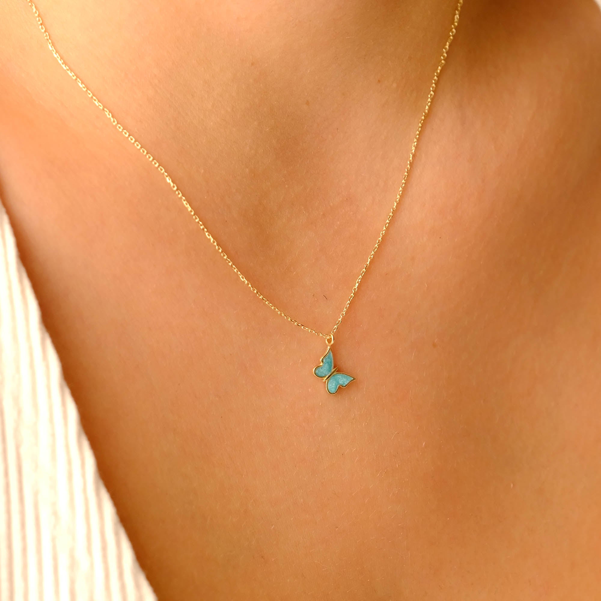 Enchanting 14K Solid Gold Butterfly Necklace | Skinny Cable Chain | Multiple Colors and Lengths