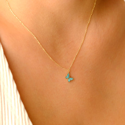 Enchanting 14K Solid Gold Butterfly Necklace | Skinny Cable Chain | Multiple Colors and Lengths