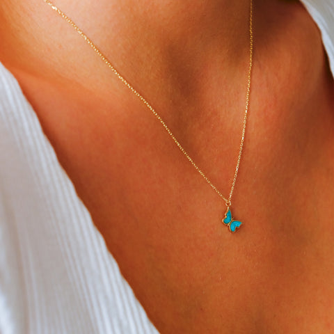 Enchanting 14K Solid Gold Butterfly Necklace | Skinny Cable Chain | Multiple Colors and Lengths