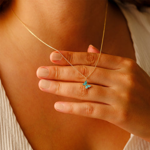 Enchanting 14K Solid Gold Butterfly Necklace | Skinny Cable Chain | Multiple Colors and Lengths