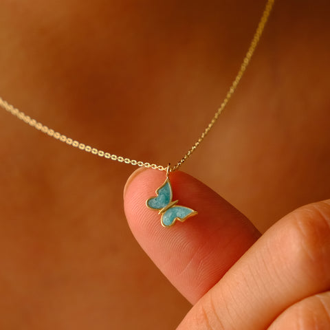 Enchanting 14K Solid Gold Butterfly Necklace | Skinny Cable Chain | Multiple Colors and Lengths