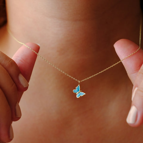 Enchanting 14K Solid Gold Butterfly Necklace | Skinny Cable Chain | Multiple Colors and Lengths