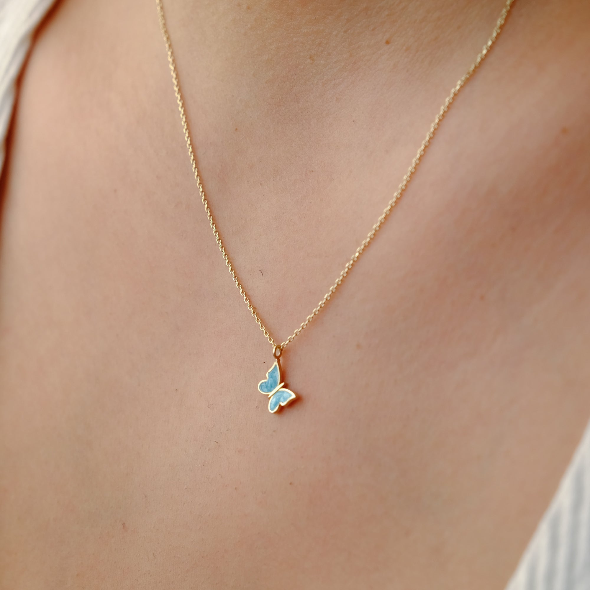 Enchanting 14K Solid Gold Butterfly Necklace | Skinny Cable Chain | Multiple Colors and Lengths