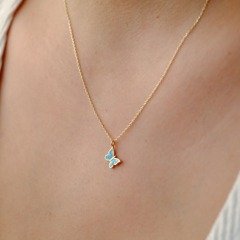 Enchanting 14K Solid Gold Butterfly Necklace | Skinny Cable Chain | Multiple Colors and Lengths