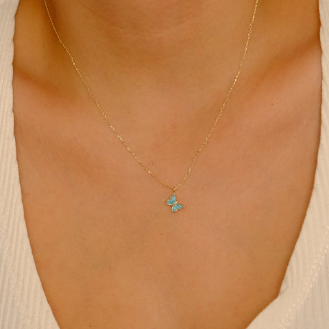 Enchanting 14K Solid Gold Butterfly Necklace | Skinny Cable Chain | Multiple Colors and Lengths