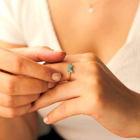 14k Gold Butterfly Ring - Elegant Enamel Design in White, Pink, Blue