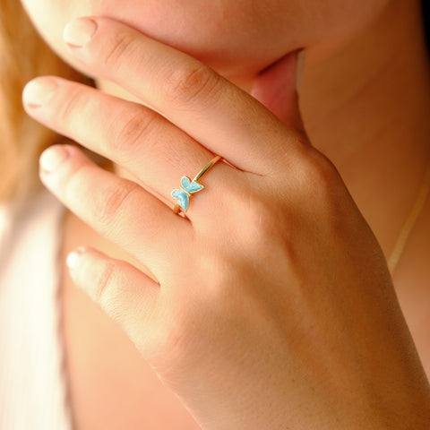 14k Gold Butterfly Ring - Elegant Enamel Design in White, Pink, Blue