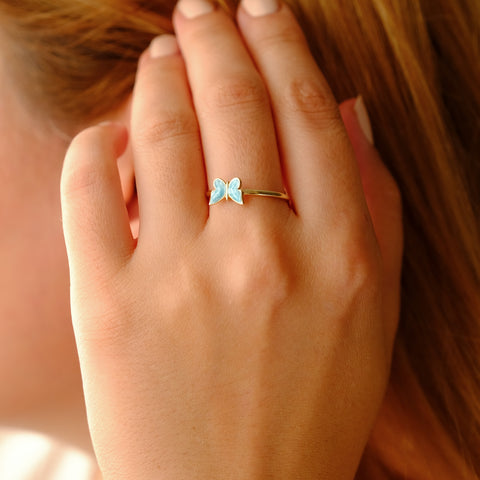 14k Gold Butterfly Ring - Elegant Enamel Design in White, Pink, Blue