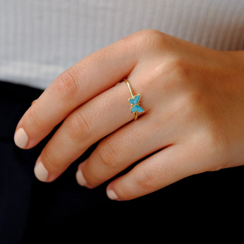 14k Gold Butterfly Ring - Elegant Enamel Design in White, Pink, Blue