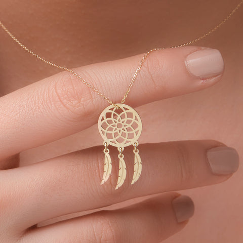 14K Solid Gold Dream Catcher Necklace - Symbolic Feather Pendant Jewelry